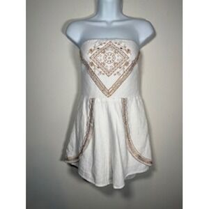 ANGEL BIBA Strapless Embroidered Romper L White Cotton Boho Festival Grecian